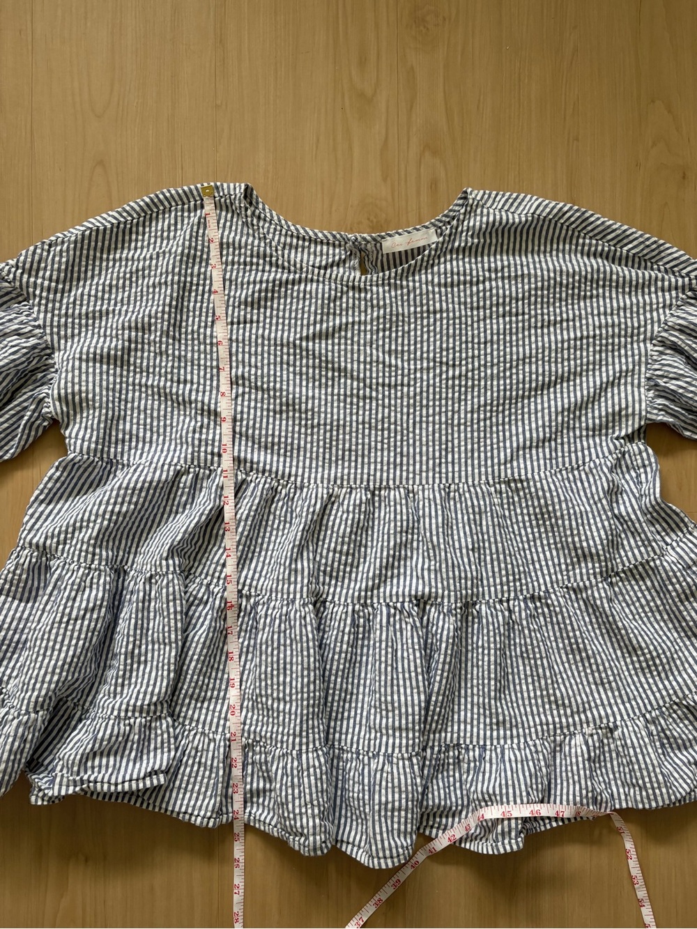 Ces Femme Blue White Striped Tiered Babydoll Top Large 100% Cotton Puff Sleeve - Picture 9 of 9